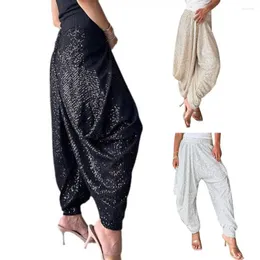 Calças femininas glitter harem mulheres casual hippy calças soltas baggy drop-virilha cor sólida cintura elástica moda mujer pantalones