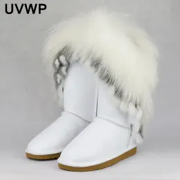 Stövlar Nytt mode Big Natural Fox Fur Snow Boots Real Cow Leather Women High Boots Winter Long Boots Rabbit Fur Tassels Nonslip Shoes