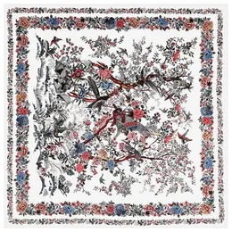 130CM Silk Scarf Women Large Shawls Tree Birds Print Stoles Square Bandana Luxury Kerchief Hijab Female Foulards Beach Towel 240314