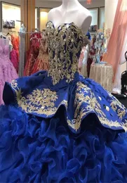 Royal Blue Quinceanera Dresses 2021 계단식 주름 자수 자수 구슬로 된 Tiered Satin Sweetheart Neckline Sweet 16 Princess Ball Go9978882