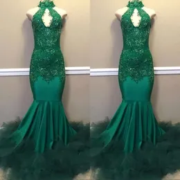 녹색 인어 어두운 아프리카 무도회 드레스 새 바닥 길이 스팽글 하이 목 뒤로 목록없는 이브닝 드레스 대회 파티 가운