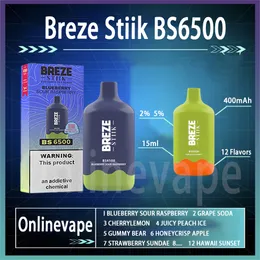 E-Juice 충전식 650mAh 배터리 16ml 용량 7500 퍼프가있는 원래 Breze Stiik BS6500 퍼프 가처분기 E 담배 vape 펜 12 다른 맛