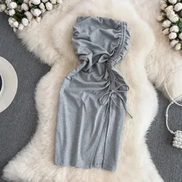 Casual Dresses 2024 Summer Korean Sexy Girls Sleeveless Tube Dress Women Rygglös Slim Fit Drawstring Split Girl's Hip Wrap BodyCon