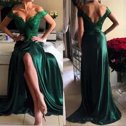 Abiti da ballo per feste A Line Abiti da sera formali sexy con spalle scoperte in pizzo con spacco alto e spacco alto verde scuro