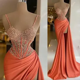 Coral Prom Dresses Spaghetti Straps Sheath Mermaid High Split Satin Sweep Train Beading Crystals Beaded Sexy Lace Ruffles Custom Made Evening Gown vestidos