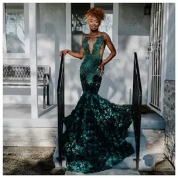 African Green American Prom Dresses Mermaid Sheer paljetter Floral Beaded Black Girls Nigeria Robe de Soiree Evening Dress Gown