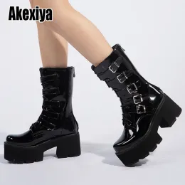Boots Winter Gothic Punk Womens Platform Boots Black Patent Leather Leather Creeper Shoes Mid Calf Military Combat Boots P496