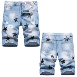 새로운 2023 Spring Broken Black Star Denim Shorts Straight Fit Men 's Casual Capris