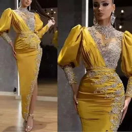 Arabische formelle Gold-Abendkleider, knöchellang, glitzernd, durchscheinend, lange Ärmel, Kristallperlen, Spitze, seitlich geschlitzt, Partykleid