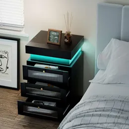 Urban Deco Nightstand LED Light and Charging Station, Night Stand Drawers Bedside Table with Sliding Top for Bedroom, Black