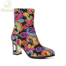 Stivali stivali invernali phoentin per donne mix ricamato a colori metallici con tacchi alti cavi 7 cm Stivali corti puni di punta 3443 ft1185