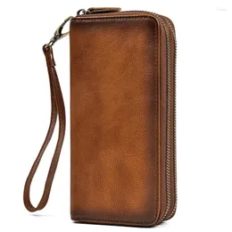 Wallets Sbirds Long Purse Leather Men Women Double Zipper Wallet Card Holder Phone Purses Cowhide With Strap
