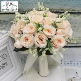 Bouquet da sposa con fiori artificiali in rosa naturale con nastro in raso di seta, rosa, bianco, champagne, festa nuziale per damigella d'onore 240308