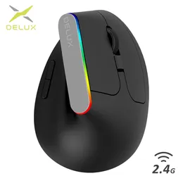 Delux M618C bezprzewodowe ciche ergonomiczne ergonomiczne pionowe 6 przycisków mysie odbiornik USB myszy RGB 1600 DPI myszy z laptopem na PC 240314