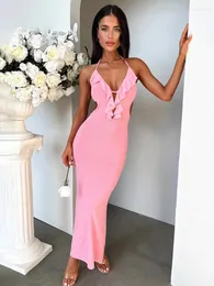 Sukienki swobodne marszczenia kantaru klub nocny seksowna impreza sukienka kobiet bez pleców 2024 Summer Slimon Bodycon Maxi Long elegancki