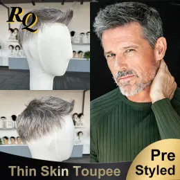 Toupees Toupees Pre Cut Styled Toupee Hair Men Thin Skin V Looped Human Hair Replacement System för man 1B40 Hårstycke Protesen Hombre Ma
