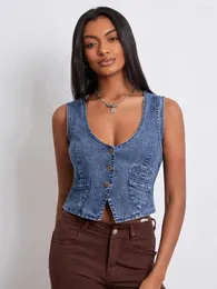 Frauen Tanks 2yk Frauen Denim Weste ärmellose V Halsknopf Outwear Gilet mit Taschen Tops 00s Retro Streetwear