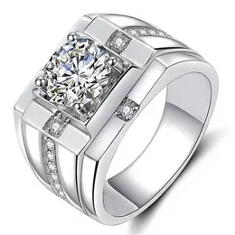 Luxury Silver Round Cubic Zircon Rings for Men Classic Diamond Engagement Wedding Ring Dazzling Male Jewelry