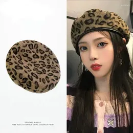 Berets doce menina pu borda leopardo impressão boina para mulheres primavera britânica vintage moda feminina acessórios na moda