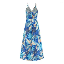 Vestidos casuais strappy maxi vestido floral impressão sem costas para mulheres espaguete cinta férias com cintura alta tornozelo comprimento verão