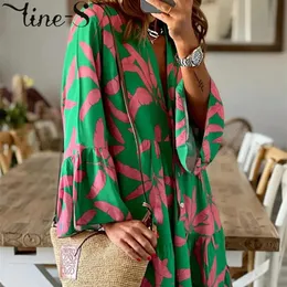 Vintage Short A-Line Dress for Women Summer Floral Printed Long Sleeve Button Dresses Boho V-Neck Large Swing Loose Fit Vestidos 240313