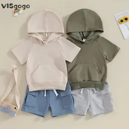 Clothing Sets VISgogo Toddler Boys Summer Outfits Solid Color Hooded Short Sleeve T-Shirts Tops And Pockets Elastic Waist Shorts Clothes Set