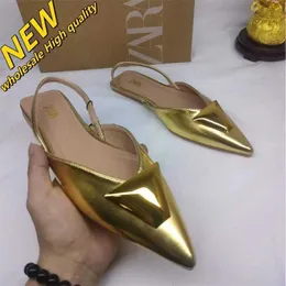Billig butik 90% rabatt i grossist ZA Womens skor spetsiga metallsmycken Triangel Etikett Bakband Bakrem Platta sandaler tofflor för lata utomstående