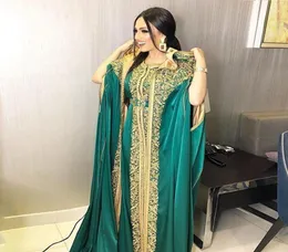 two Pieces Moroccan Caftan Satin Long Evening Dresses with cape gold Appliques Lace Muslim Prom Gowns Dubai Arabic Women Party Dre8887985