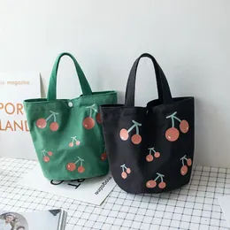 Shoulder Bags Korean Canvas Bag Woman Bucket Cute High Capacity Portable Lunch Box Kawaii Japanese Cherry Cloth Women Handbags