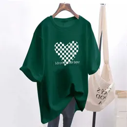 Women's T-Shirt Short sleeved spring/summer new round neck medium length pure cotton ink green printed T-shirt womens loose and fashionable version top 240323