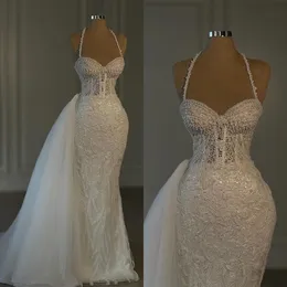 Charmoso apliques vestidos de casamento halter sereia vestidos de noiva destacável trem pérolas fino feito sob encomenda sem mangas vestidos de novia