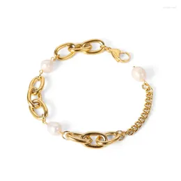 Strand Minar Cool Baroque Freshwater Pearl Chunky Link Bracelets for Women 18K Gold PVD Pleated Titan Stalowe akcesoria