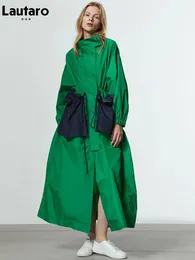 Lautaro primavera outono extra longo oversized verde trench coat para mulher com bolsos grandes cordão designer de luxo moda 240309