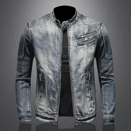 American Men Jeans Jacket O-Neck 대형 빈티지 모토 데님 캐주얼 아웃복 가을 패치 워크 지퍼 하이 스트리트 남성 코트 240309