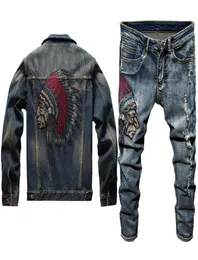 2020 Neue Herren039s Jeans Zweiteiliges Set Schlanke bestickte indische Langarm-Jeansjacke Stretchhose Punk-Stil High Street Ja4728496