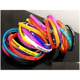 Charme Pulseiras BK Lotes 100 Pcs Top Design Colorf Sile Borracha Esportes Pulseiras Homens Mulheres Brinquedos Bangles Aniversário Xmas Drop Deliv Dhgarden Dh8wl