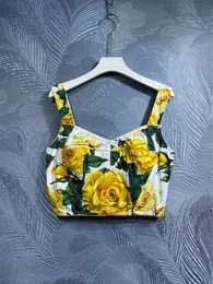 100% Cotton Camisole Sexy Women Beach Holiday Yellow Rose Flower Print Spaghetti Strap bärbara datorer Lady High Street Top