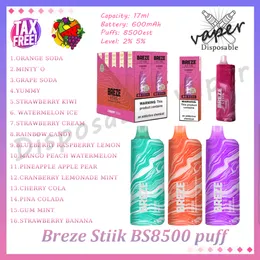 100% Original BREZE STIIK BS8500 Puff Caneta Vape Descartável 2% 5% Nível 17ml Pod Pré-preenchido 600mAh Bateria Recarregável 8500 Puffs E Cigarro 16 Sabores