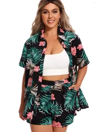 Fatos femininos vangull plus size férias estilo floral impressão de duas peças conjunto manga curta blusa frontal aberta shorts roupas