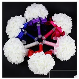 Ghirlande di fiori decorativi Elegante rosa artificiale da sposa Bouquet da sposa Matrimonio Cristallo Blu reale Nastro di seta Buque De Noiva 6 Co Dhbo4