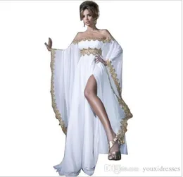 Estilo árabe manga longa branco chiffon renda dourada apliques abaya kaftan vestidos de noite com fenda alta vestidos femininos 5477428