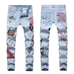 High Street Hip-hop Trendy Men Light Color Distressed Bordado High-end 3D Impresso King Elastic Jeans