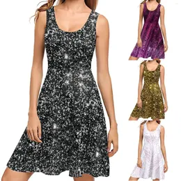 Casual Dresses Shiny Sequin Digital Print Dress Sexy Sleeveless Backless Tank Summer Maxi For Women Party Club O Neck Vestidos