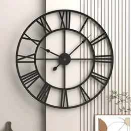 Modern 3D Large Wall Clocks Roman Numerals Retro Round 40cm Metal Iron Accurate Silent Nordic Hanging Ornament Living Room Decor 240320