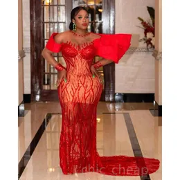 Aso ebi Red Arabic Mermaid Prom Dresses Beaded Sloce Lace Invinging Formal Party Second Recention Birthday Engagement Gowns Dress ZJ