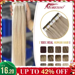 확장자 Moresoo Human Hair Extensions Tape in Remy Ash Blonde 하이라이트 머리 부드러운 스트레이트 헤어 확장 100% 실제 테이프 인간 머리카락