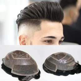 Toupees Doğal Saç Çizgisi Saç Sistemi Erkekler İçin Fransız Dantelli Ön Toupee Erkekler İçin Ağartılmış Knots Nefes Alabilir Dantel İnsan Saç Erkek Toupee