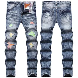 Осень/зима 2022, светлые джинсы с заплатками и дырками, мужские безграничные синие штаны на небольшую ногу, персонализированные модные длинные брюки