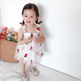 Girl Dresses Korean Sweet Children Dress 2024 Summer Suspender Girls Yarn Floral Strawberry Cherry Print Kids Clothes