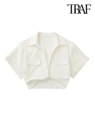 TRAF Women Fashion Front Knot Elastic Linen Cropped Shirts Vintage Short Sleeve Patch Pockets Female Blouses Blusa Chic Tops 240321